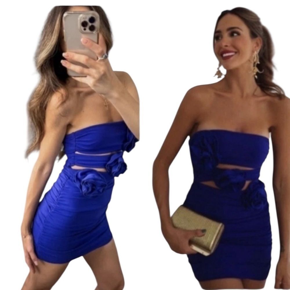Zara Bodycon Mini Dress Royal Blue Floral Detail Cut Out Womens Size Small NWT